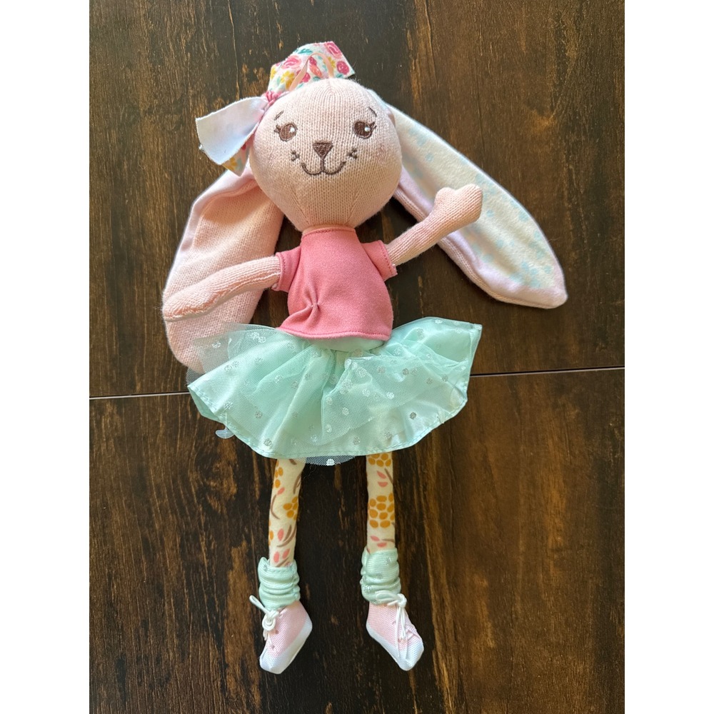 Knit Bunny Ballerina Plush Doll Pink Mint Green Tutu Floral Bow 15 Inch